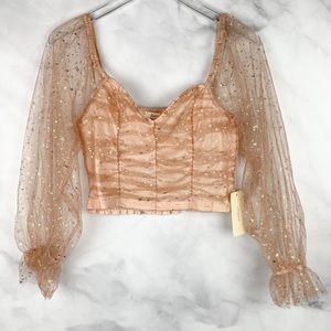 NWT Metallic Celestial Star Print Smocked Semi-Sheer Crop Blouse Top Boho Nude L
